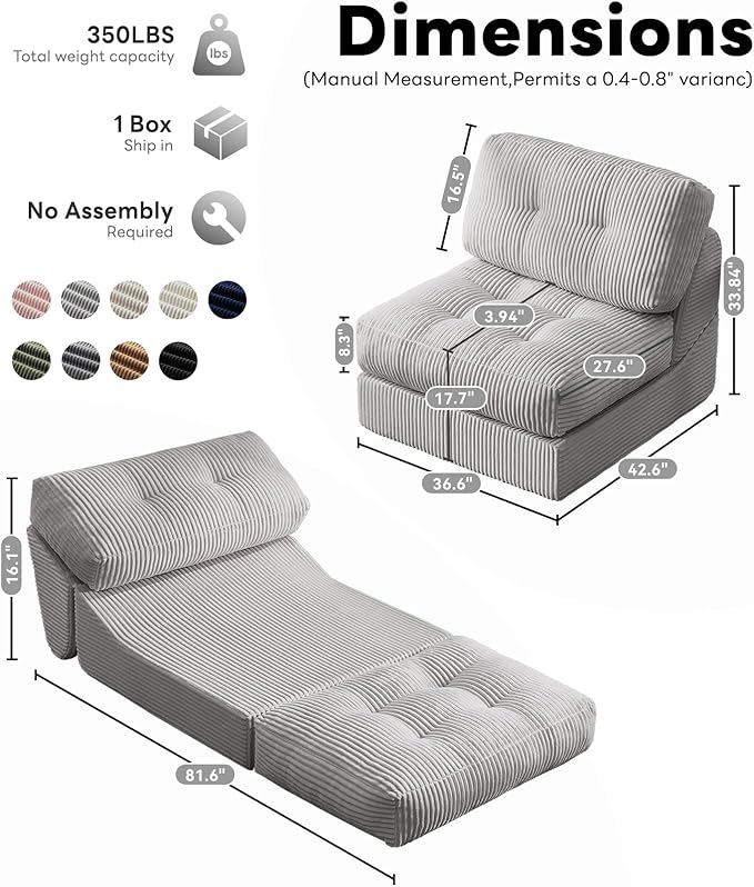 Tbfit Folding Sofa Bed, Convertible Sleeper Chair with Large Pillow, Corduroy Folding Couch Bed, Portable & Foldable Mattress Boneless Floor Sofa for Living Room, Bedroom, Office, Grey, Single