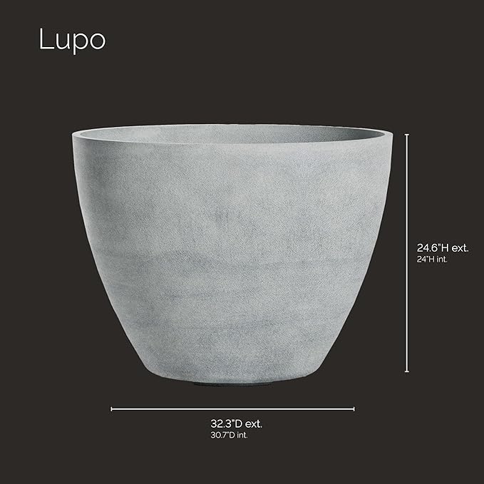 Lupo Tapered Planter – Concrete Stone Finish – Fiberglass Indoor/Outdoor and Weather-Resistant Large Planter (32.3" D x 24.6" H Exterior, 30.7" D x 24" H Interior)