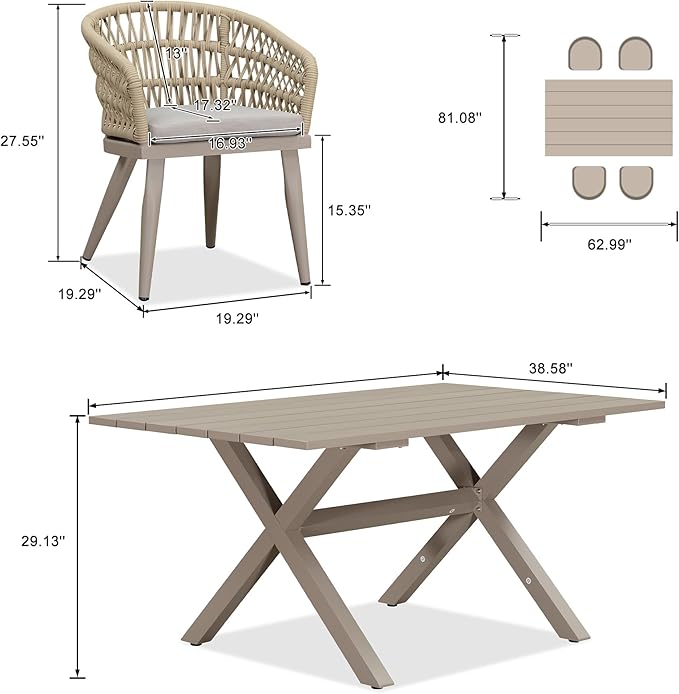 PURPLE LEAF 5 Pieces Outdoor Dining Set All-Weather PE Rattan Outdoor Patio Furniture Set with All Aluminum Frame Rectangular Table and Chairs Set for Lawn Garden Backyard Deck, Champagne
