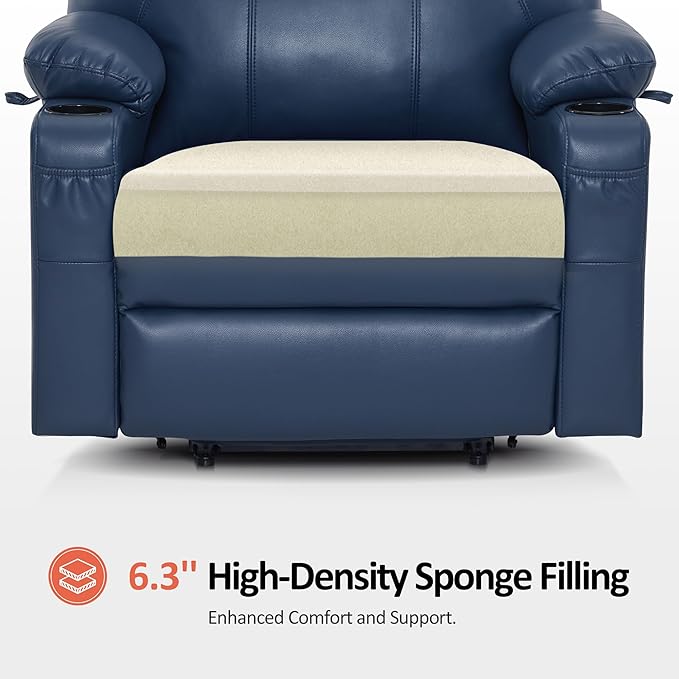 MCombo Extra Wide Power Lift Recliner Chair for Elderly, Lift Chair with Heat and Massage for Big People, USB&Type C Ports, Cup Holders, Faux Leather R7045 (Blue, Medium-Wide)