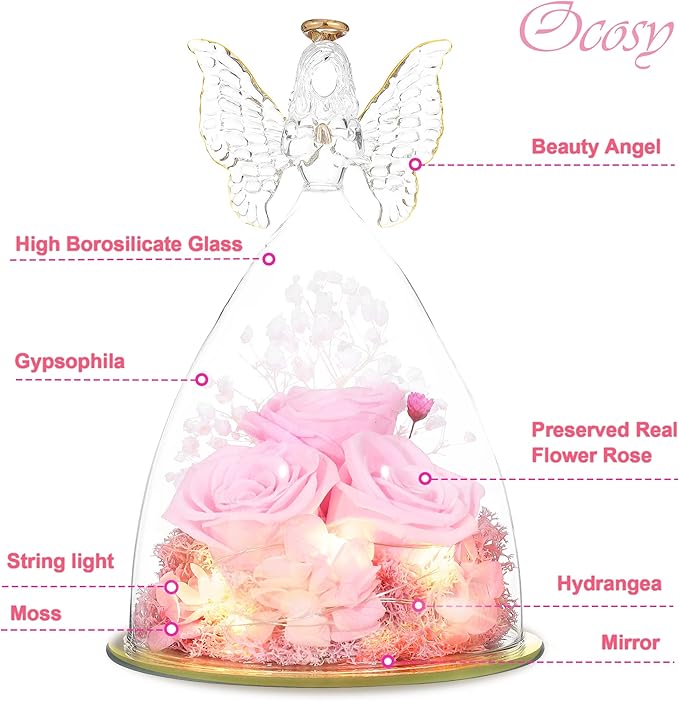 Ocosy Mothers Day Rose Gifts for Her, Large Angel Rose Gifts for Women, Forever Real Roses in Figurines, Guardian With Roses Flower, Peach Pink