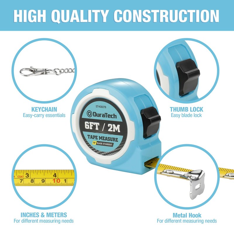 DURATECH Mini Tape Measure, 2 PCS 6FT Inch/Metric Small Tape Measure, Retractable Easy Reading Keychain Measurement Tape, Pocket Size Small Tape Measure for Engineer, Portable, ABS Protective Casing