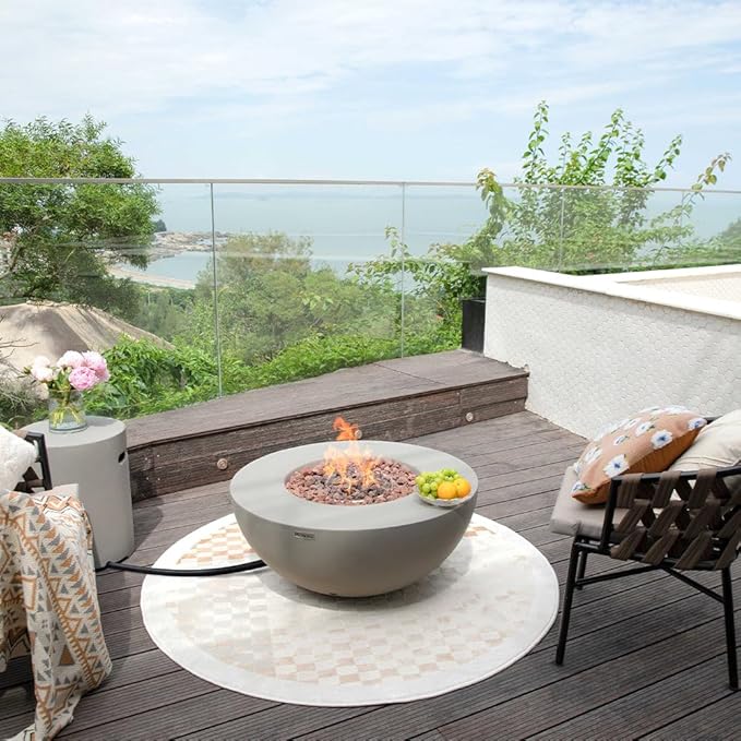 Modeno Roca Outdoor Fire Pit Propane Table 34 Inches Round Firepit Concrete Patio Heater Electronic Ignition Backyard Fireplace Cover Lava Rock Included Liquid Propane