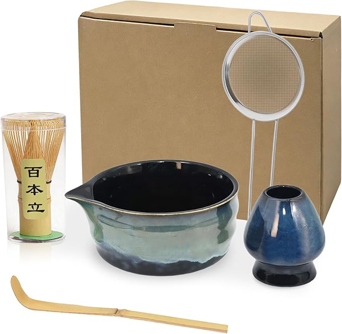 ZaH Matcha Whisk Set - Kit of 5pcs - Matcha Whisk and Bowl, Ceramics Whisk Holder, Bamboo Tea Scoop, Sifter (Glaze Navy)