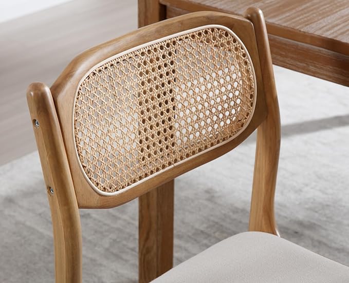 EALSON Farmhouse Rattan Dining Chairs Set of 6 Modern Mid Century Wood Dining Room Chairs with Cane Back Upholstered Linen Kitchen Side Chairs for Living Dining Room,Beige