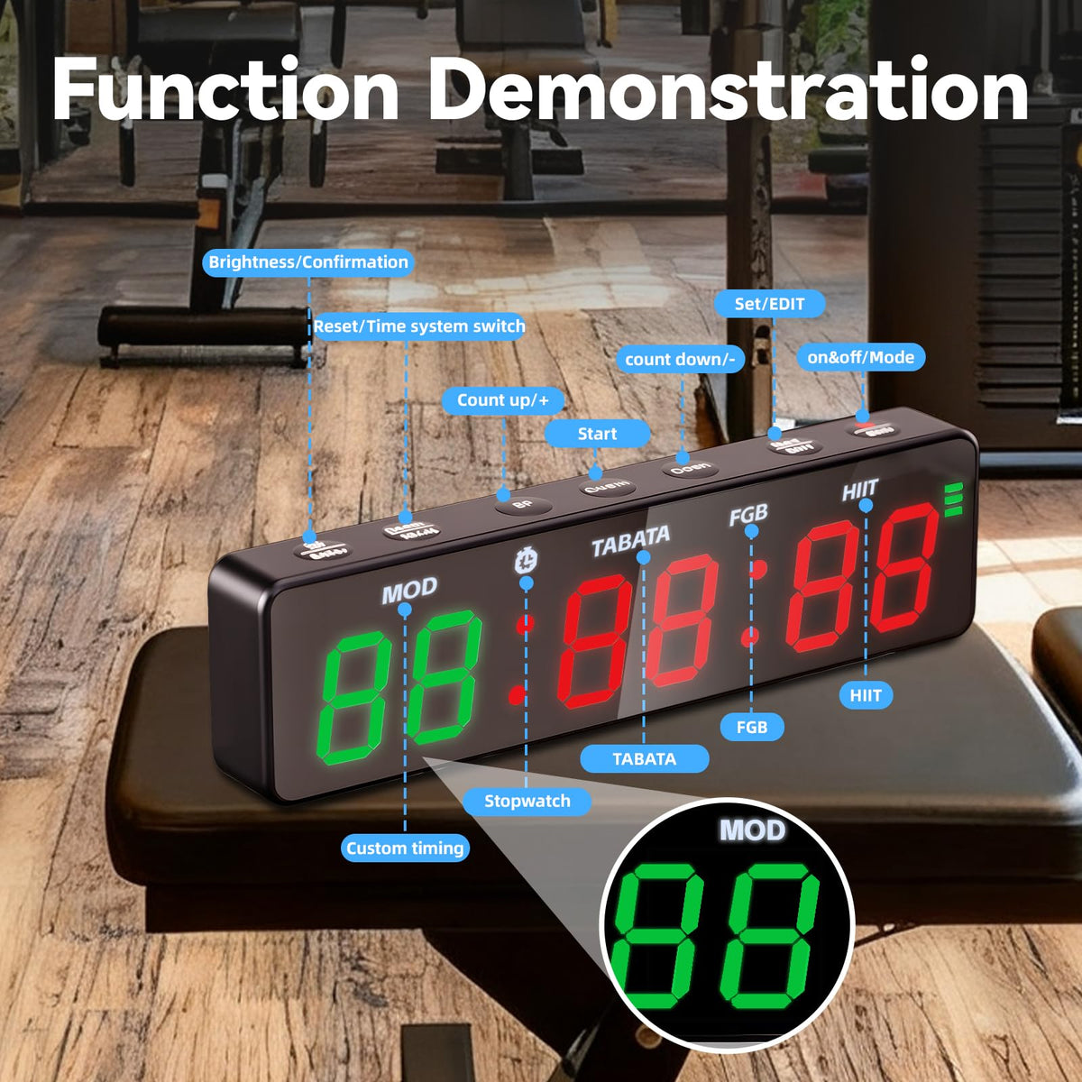 Gym Timer Clock,Magnetic Workout Interval Timer with LED Display,Clock/Countdown/Count up/Stopwatch/Tabata/FGB/HIT Mode,10 Second Countdown &3 Second Emphasis When Start, Home Gym, Garage & Schools