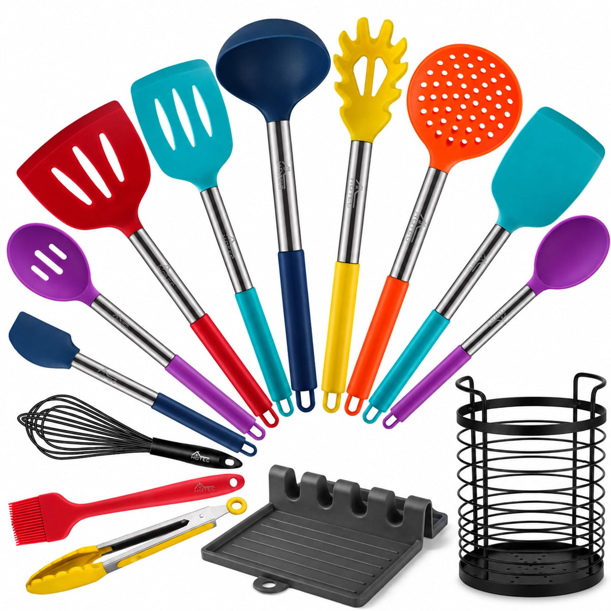 HOTEC 446°F Heat Resistant Silicone Kitchen Utensils, Cooking Utensil Set, Spatula Set, BPA Free, Kitchen Gadgets, Utensils Holder, Dishwasher Safe, 14pcs Multicolor