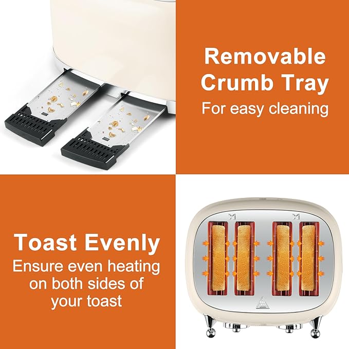 CUSIMAX Toaster 4 Slice, Retro Toaster with Wide Slots for Bagels, Cream