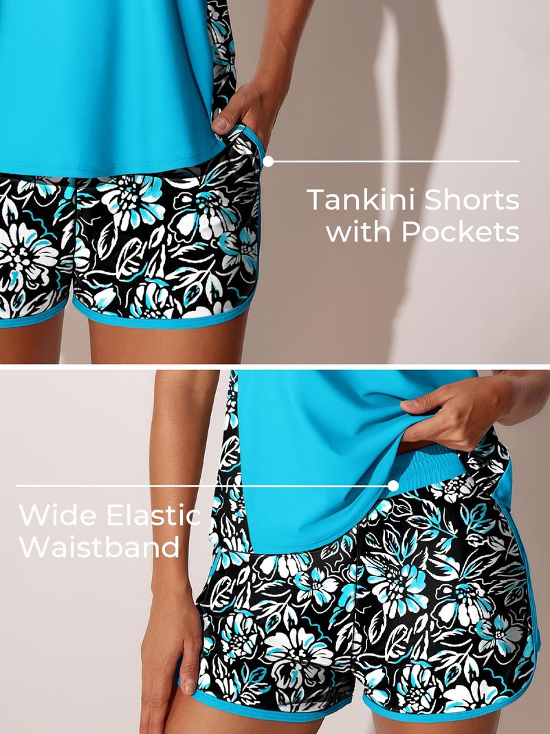 Summer Mae Plus Size Tankini Swimsuits for Women 2026 Tummy Control Two Piece Bathing Suits with Pockets Swim Shorts Black Floral Sketch Size 22 Plus