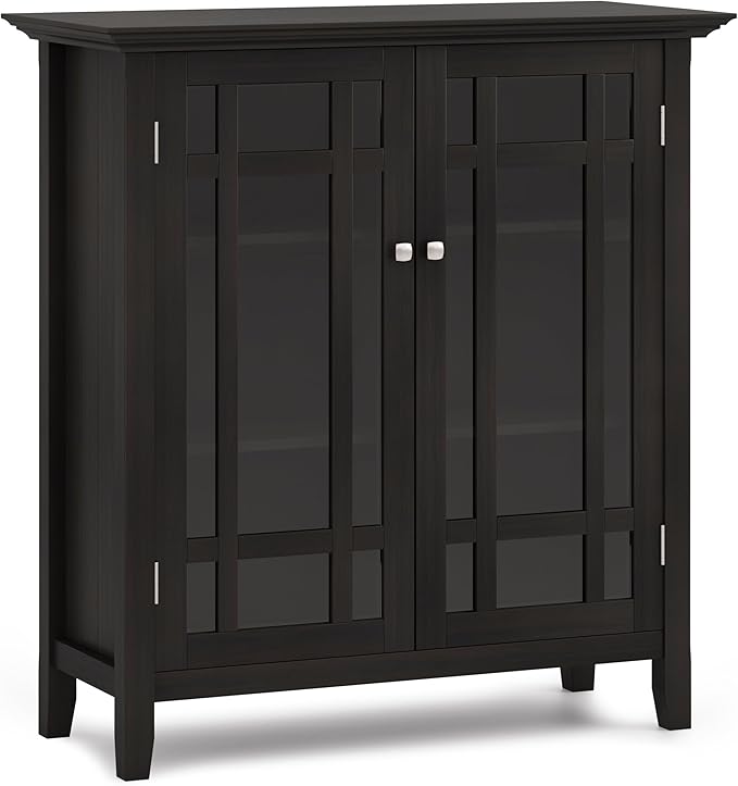 SIMPLIHOME Bedford Storage Cabinet - 39 inch Wide Solid Wood Medium Cabinet in Hickory Brown, Transitional Console for Living Room, Entryway, or Dining Room with Glass Doors and Adjustable Shelves