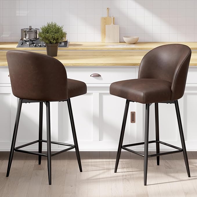 Counter Height Bar Stools Set of 4,360° Swivel Barstools with High Back and Metal Legs,26" Seat Height, Upholstered PU Leather Bar Chairs for Kitchen Island, Dining Room,Cafes,Black Brown