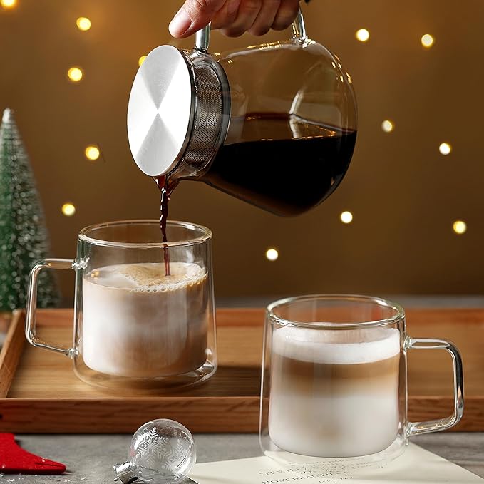 CNGLASS 10oz Glass Coffee Mugs,Double Wall Insulated Glass Mugs with Handle,Clear Espresso Mug for Latte,Cappuccino,Tea Bag,Set of 2