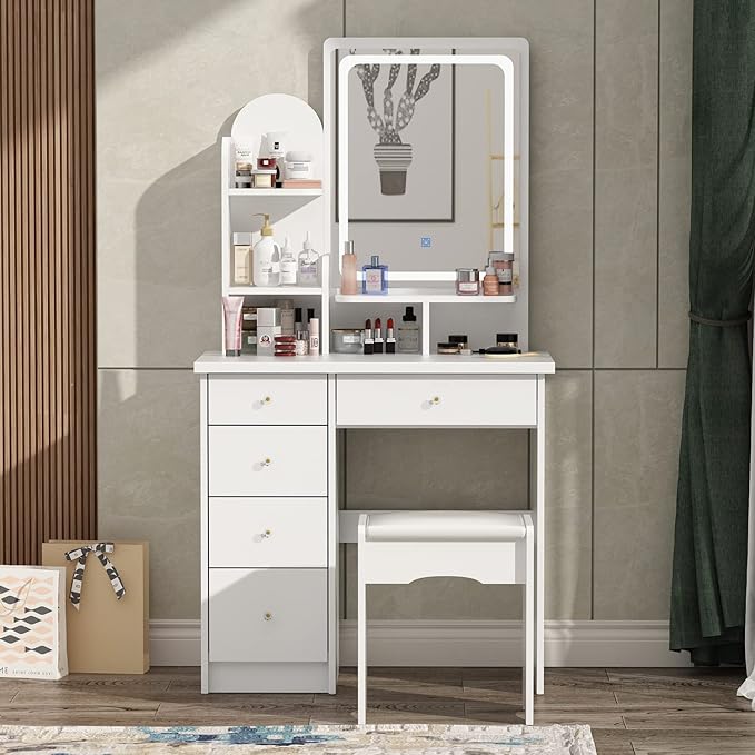 ECACAD Vanity Desk, Vanity Table Set with LED Lighted Mirror, Makeup Vanity Dressing Table with Drawers, Storage Shelves, Crystal Handles and Cushioned Stool, White