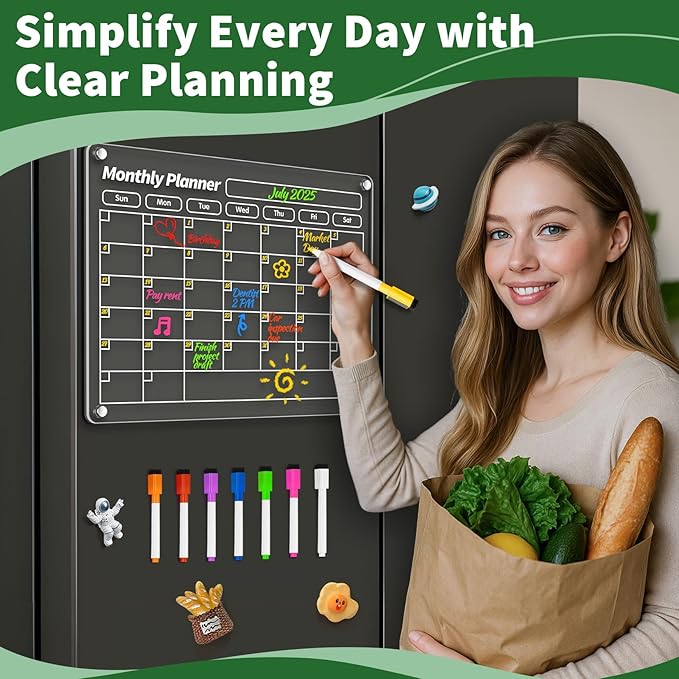 FINDMAG Acrylic Dry Erase Magnetic Calendar for Fridge, Magnetic Calendar for Refrigerator, Clear Monthly and Weekly Meal Planner Fridge Magnets, Chore Chart for Kids with 8 Colors Markers