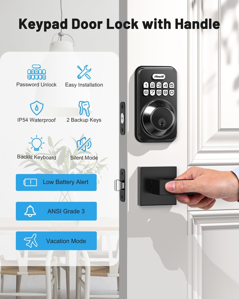 Zowill Keyless Entry Door Lock with 2 Lever Handles, Zowill Electronic Keypad Deadbolt, Auto-Locking, Anti-Peeping Password, Digital Code Door Lock, Front Door Handle Sets, Matte Black