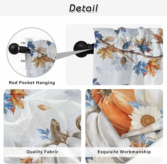 Fall Blue Maple Kitchen Curtains 54 Inch Long 2 Panel Set, Rod Pocket Window
