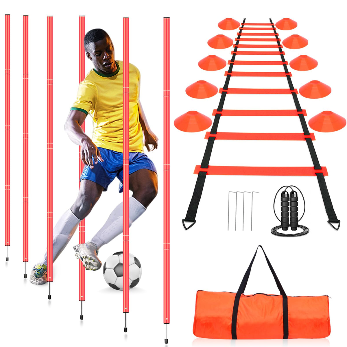 HOTOOLME Soccer Agility Training Poles Set Soccer Training Equipment- Includes 6 Agility Poles,Agility Ladder, 10 Soccer Cones,Jump Rope for Speed Training, Soccer Training, Basketball Athletes & Kids