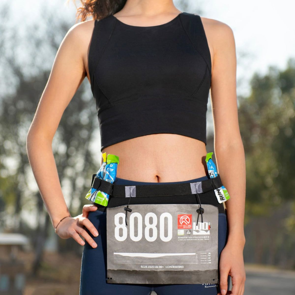 Azarxis Adjustable Elastic Triathlon Belt Marathon Running Sports Bib Number Holder with 6 Energy Gel Loops - Stretch Fit & Comfortable (Blue)