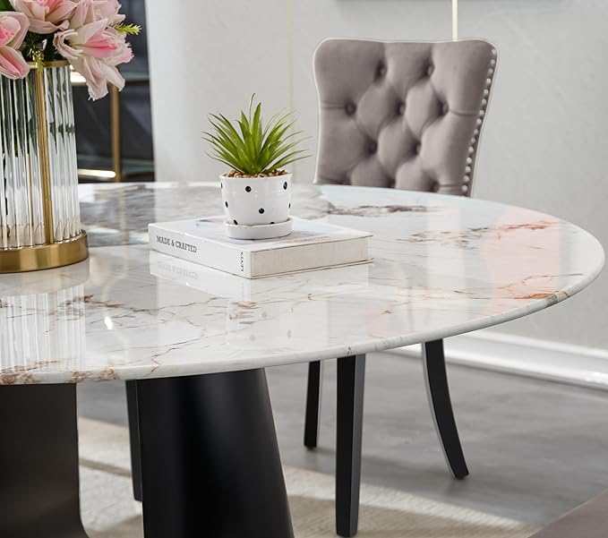 5-Piece Faux Marble Round Dining Table Set for 4, Modern Luxury Kitchen Table Set for 4 with Grey Tufted Chairs,Circle Dining Tables with Pandora Grain Top and Black Pedestal Base