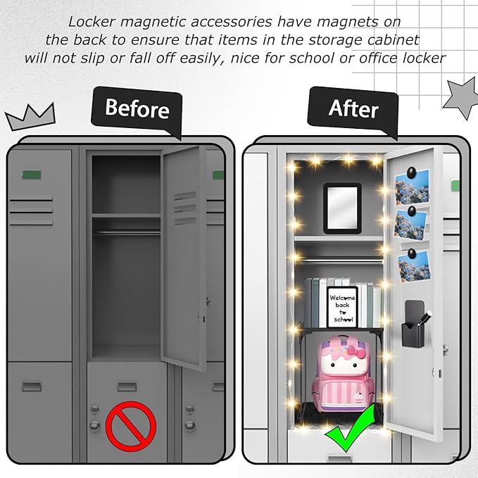 Patelai 11 Pcs Locker Accessories Kit Included Locker Shelf Magnetic Mirror Pen Holder Whiteboard Marker Faux Fur Rug Light String and Magnet for Back to School Essentials(Black)