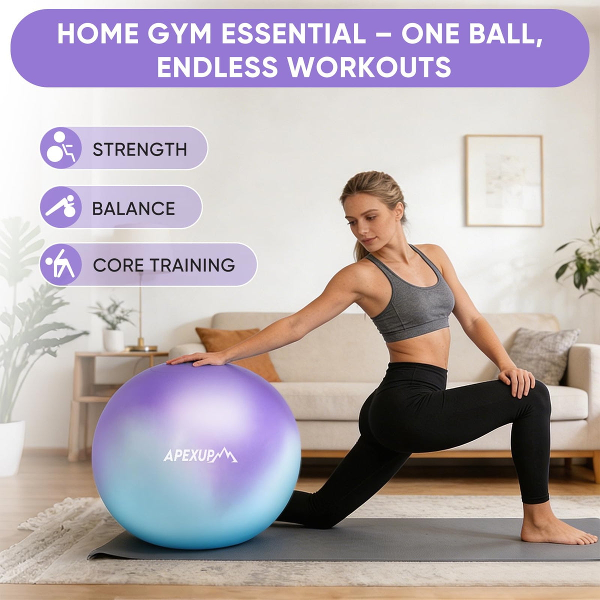 APEXUP Yoga Ball, 660 lbs Anti-Burst Exercise Ball with Pump, 5 Sizes (M (19"~22") 55cm, Blue Purple)