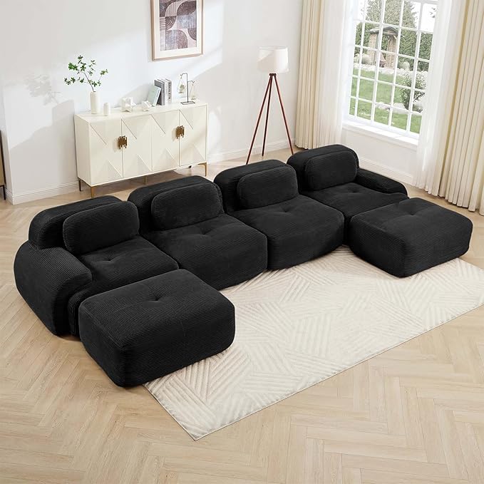 152" Modern Corduroy Cloud Sofa with Ottoman, U Shaped Boneless Modular Large Sectional Couches for Living Room, Black 4 Seater Compressed Memory Foam Couch, Extra Deep Seat, No Assembly