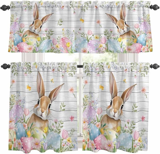 Kitchen Curtains Tiers and Valance Set of 3, Easter Light Filtering Window