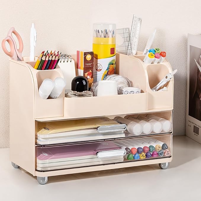 Anyoifax Makeup Organizer Countertop with Large Drawers, Vanity Organizer with Brush Holder, Skin Care Storage for Dresser, Perfume Organizer for Lotion, Lipsitck, Palette, Beige