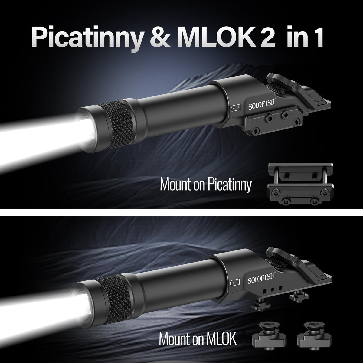 Solofish Aluminum 1450lm Flashlight is Compatible Picatinny/Mlok Rail