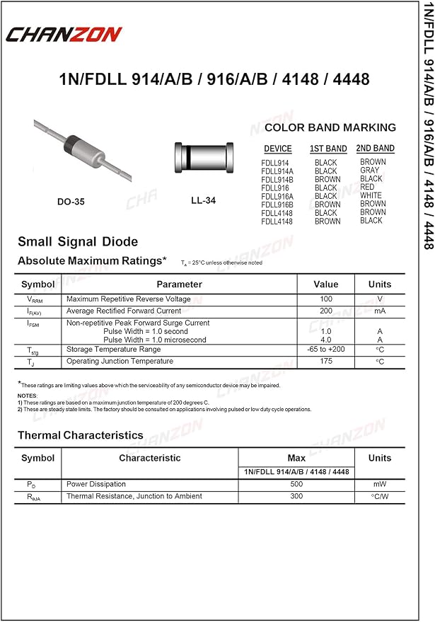 Chanzon 1N914 Small Signal Fast Switching Diodes High-Speed Axial 200mA 100V