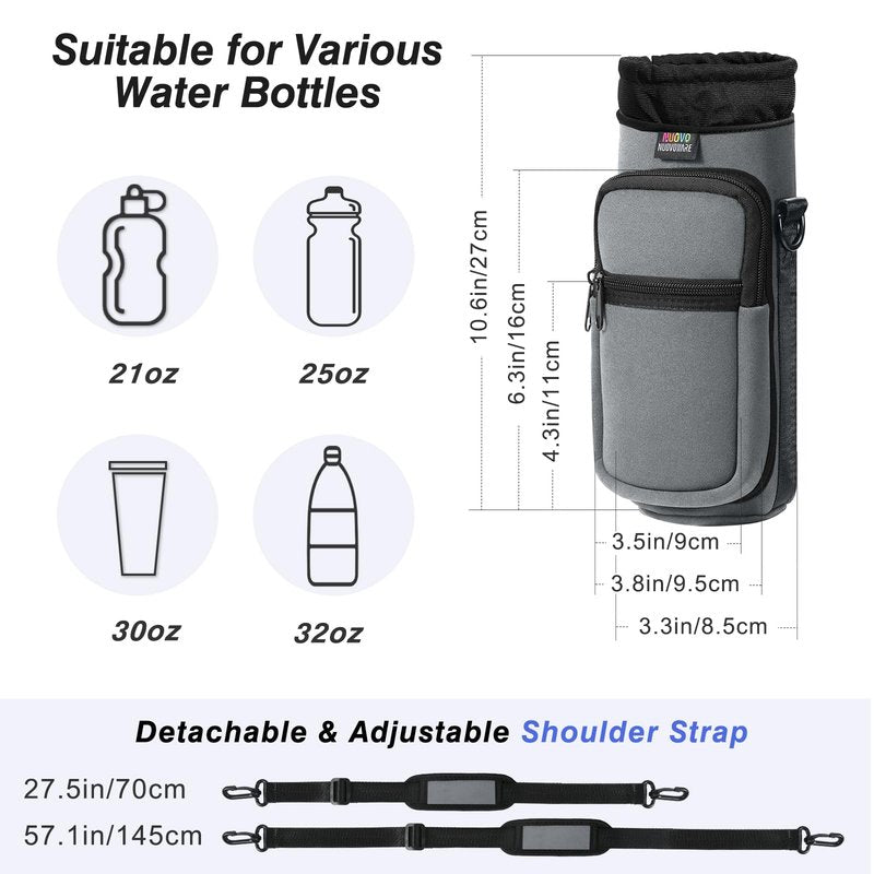 Nuovoware Magnetic Gym Bag, 25oz/32oz Water Bottle Carrier Holder, Adjustable Shoulder Strap 2 Pocket Sports Sling Neoprene Sleeve for Hiking Travelling Camping, Grey