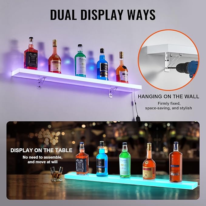 VEVOR LED Lighted Liquor Bottle Display, 1 Tier 40 Inch Wall Mounted Whiskey Rack Stand, 1 Step Commercial Illuminated Home Bar Shelf, Acrylic Drinks Light Shelves with RF Remote & App Control
