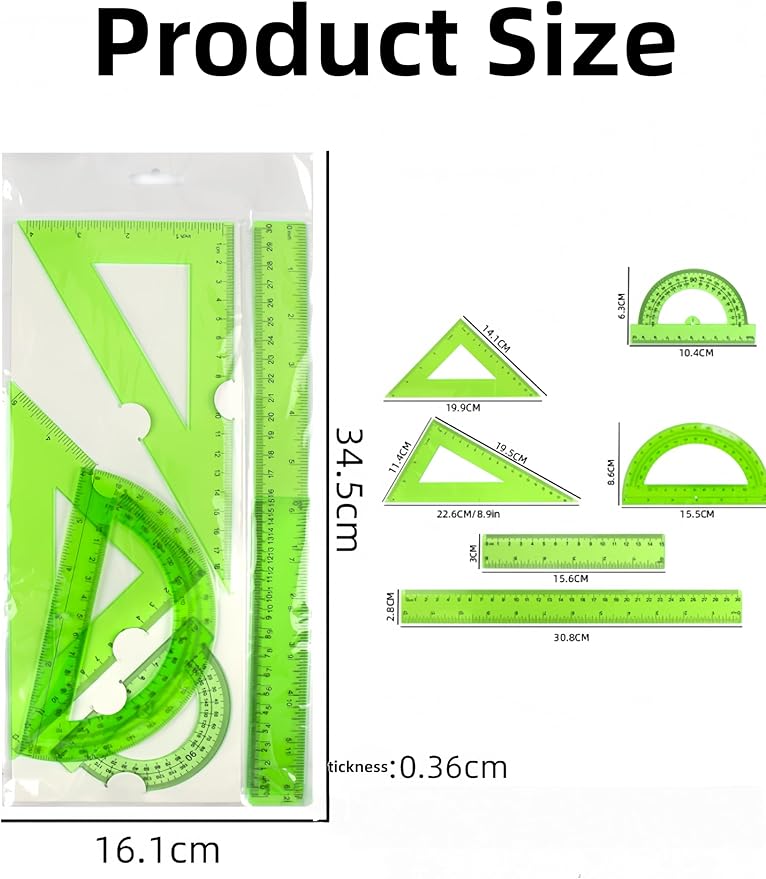 6 Pcs Plastic Ruler Math Set, Transparent Straight Protractor Triangle Measuring Tools, Geometry Ruler for School Office Home/Students(Green)