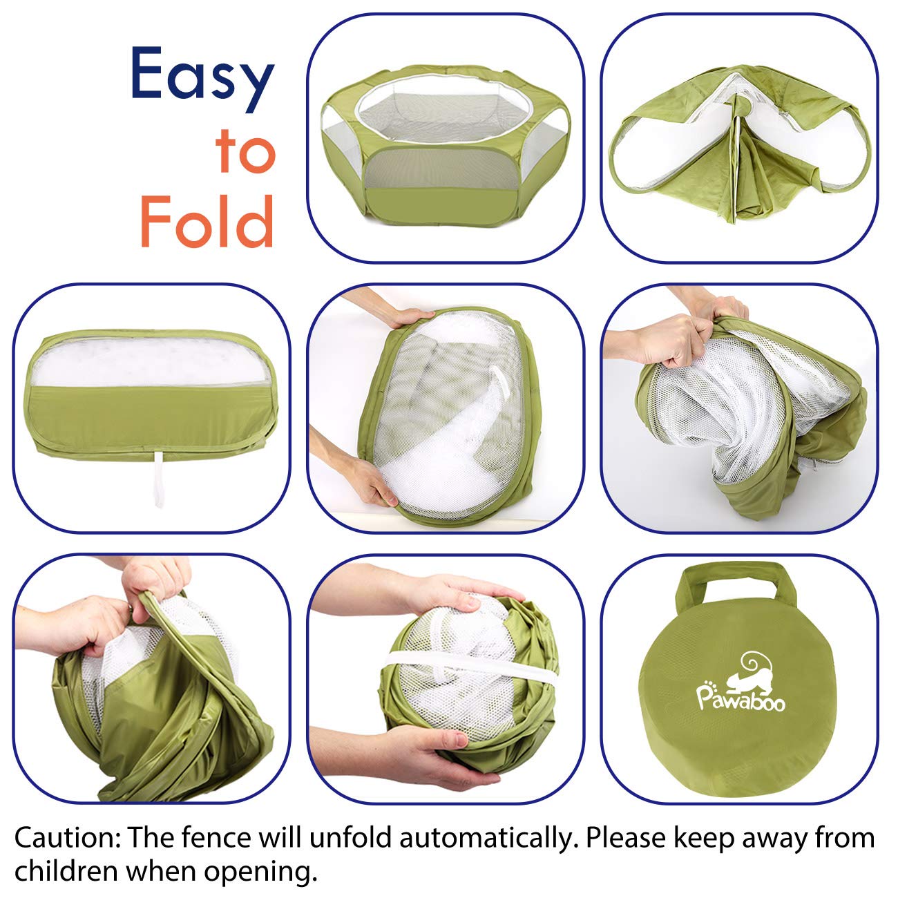 Pawaboo Small Animals Playpen, Waterproof Small Pet Cage Tent with Zippered Cover, Portable Outdoor Yard Fence with 3 Metal Rod for Chick/Kitten/Puppy/Guinea Pig/Rabbits/Hamster/Chinchillas,Green