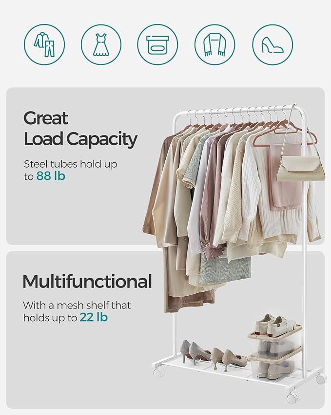 SONGMICS Clothes Rack with Wheels, Clothing Rack for Hanging Clothes, 25.4 mm Metal Garment Rack with Dense Mesh Storage Shelf, 110 lb Load Capacity, 2 Brakes, Cloud White UHSR025W01