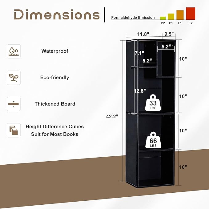 VECELO Small Bookshelf, 5 Cube Slim Bookcase, Fits Tallest Hardcovers, Horizontal Available, Modern Floor Standing Unit, Each Shelf Hold Up to 66 LBS, Black