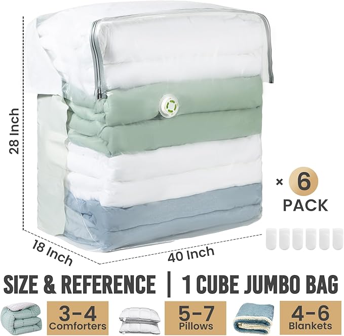 TAILI 6 Pack Vacuum Storage Bags, Extra Large Cube (40x28x18x18 Inch), Supe Jumbo Vacuum Seal Bags for Comforters, Blankets, Bedding, Sweater, Space Saving, Closet Storage, Cream