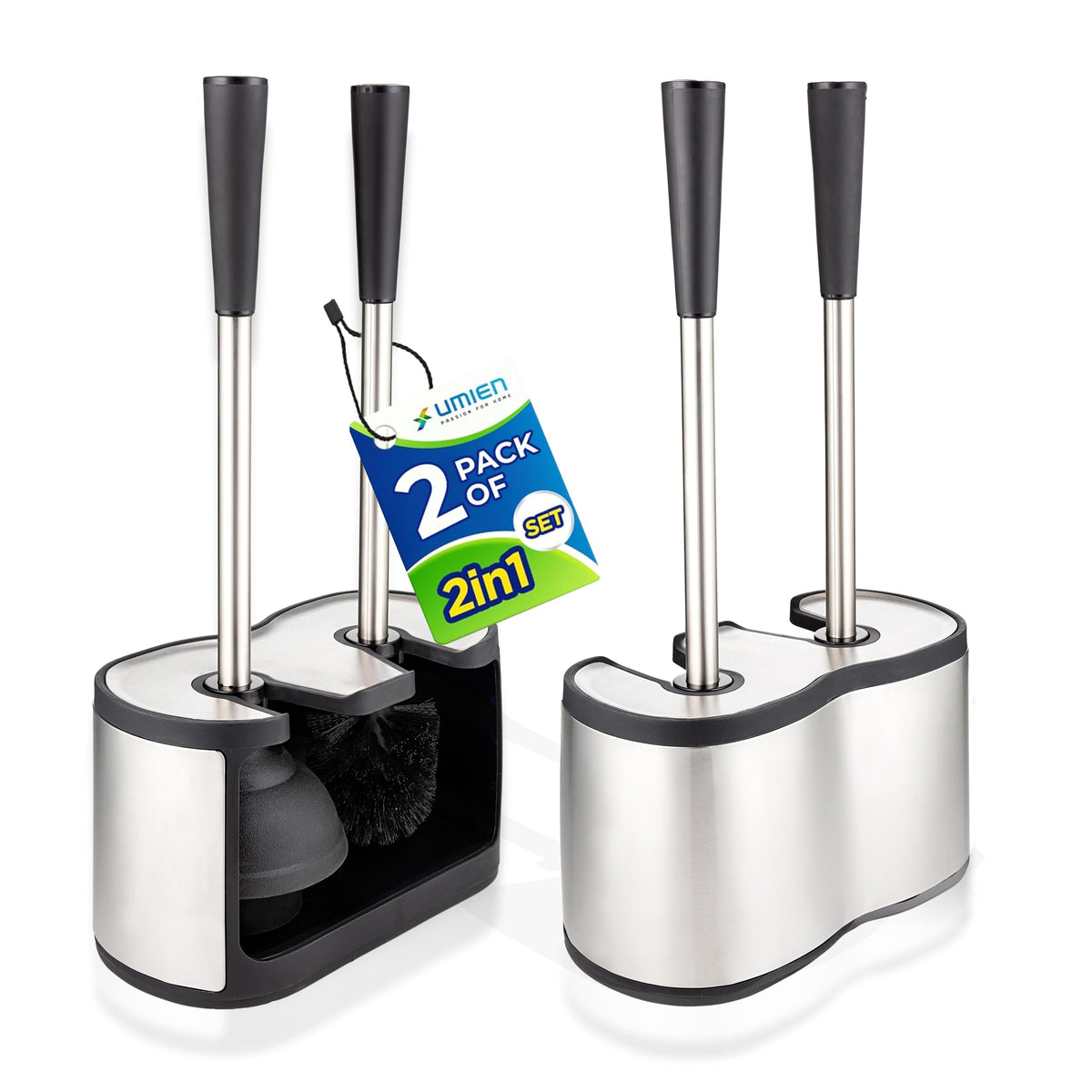 UMIEN 2-Pack Toilet Brush and Plunger Set, Matte Black, Long Handle