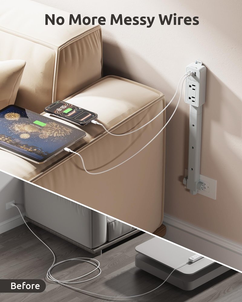 NUTICT Electrical Outlet Extender Stick, 2 AC Outlets & 2 USB-C & 1 USB-A Port, Flexible Extends 6"-34", Hide Behind Couches, Nightstands, Beds, Desks, Grey
