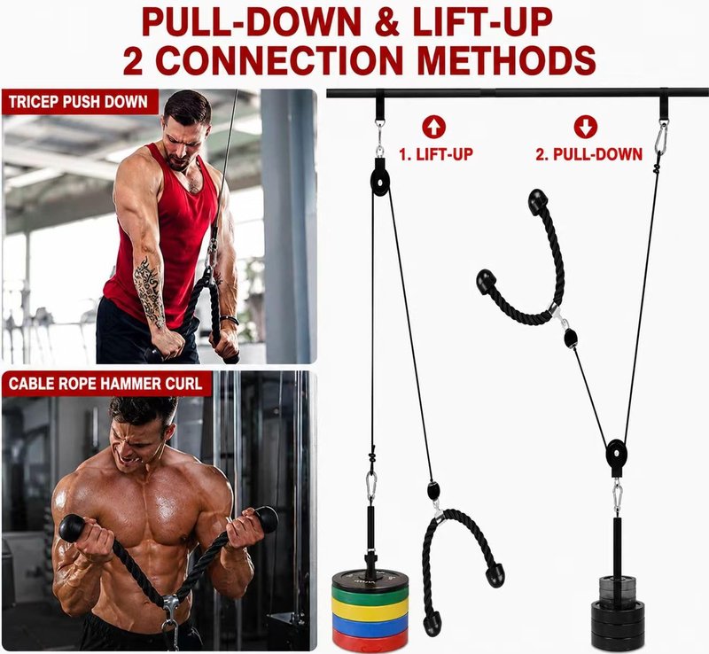 Cable Pulley System Home Gym, LAT Pull Down Weight Pulley System Gym Fitness DIY Loading Pin Weight Lifting Triceps Rope Workout Adjustable Length Pulley Cable Machine Attachments for Home Gym