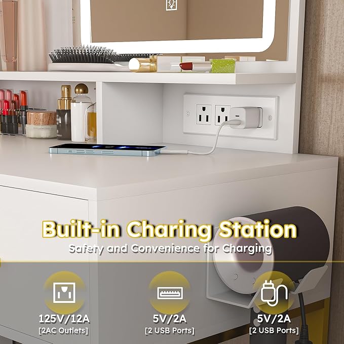 Vanity Desk with Mirror and Lights, Makeup Vanity Table with 5 Drawers, LED Light with 3 Color Settings & Power Outlet, White Vanity with Chair for Bedroom or Dressing Room