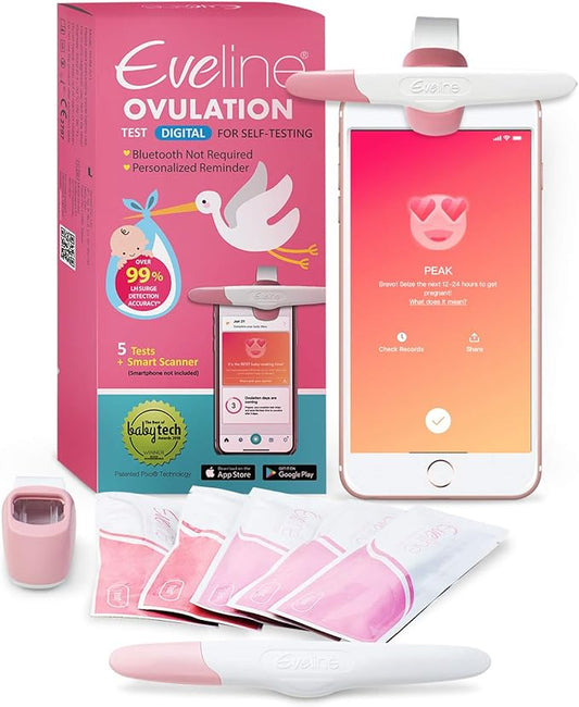 Eveline Digital Ovulation Test Predictor Kit - Easy at Home Ovulation Test Strips with Smart Scanner, Digital Results on Eveline App, 1 Cycle Supply Pregnancy Must-Haves - 99% Accuracy, 5 LH Strips