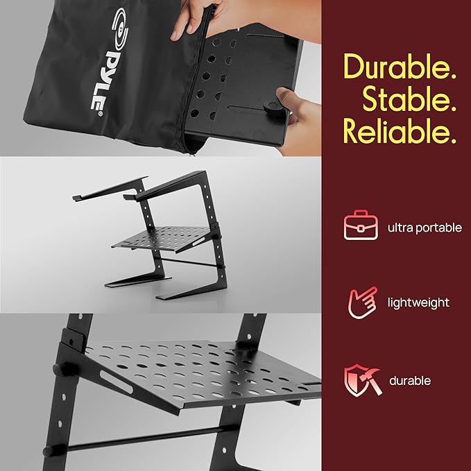 Pyle Adjustable Laptop Stand - Desk Riser for Laptop, CD Player/Controller, EFX Machine or Lighting Controller, with Shelf Storage, 4 Easy Line-It-Up Height Adjustments