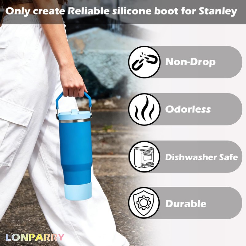 LONPARRY 2-Pack Silicone Boot for Stanley Cup 30oz & 40oz, Anti-Slip & Noise Reducing Bottom Protector for Quencher H2.0 & IceFlow 20/30oz, BPA-Free, Essential Accessories for Car, Office & Trave