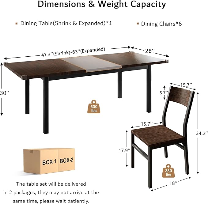 iPormis 7 Pieces Dining Table & Chairs Set for 4-6, 63" Extendable Kitchen Table and 6 Chairs, Dining Room Table with MDF Board & Metal Frame, Perfect for Small Space, Easy Clean, Espresso