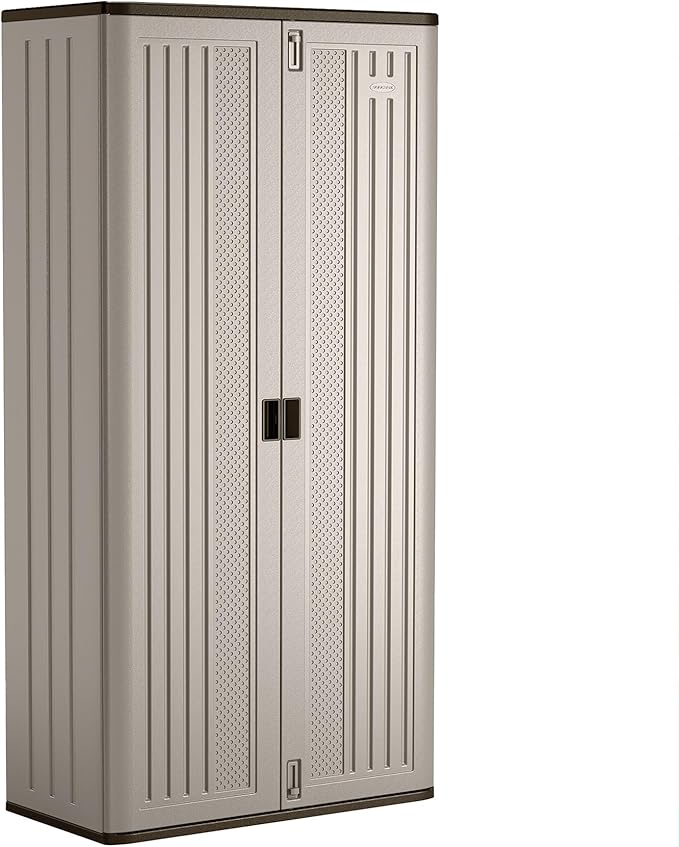 Suncast 31 Cubic Feet Mega Tall Storage Cabinet with 3 Adjustable Shelves, Platinum Metallic & Slate – Garage or Basement Utility Resin Organizer with 75 Pound Capacity Per Shelf and Lockable Doors
