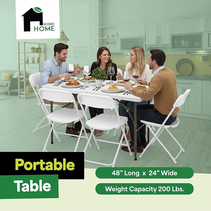 EconoHome White 4ft Folding Table with Handle | Heavy-Duty Foldable Table | Portable Table for Indoor & Outdoor Use | Perfect for Events, Camping, Parties, Dining & More