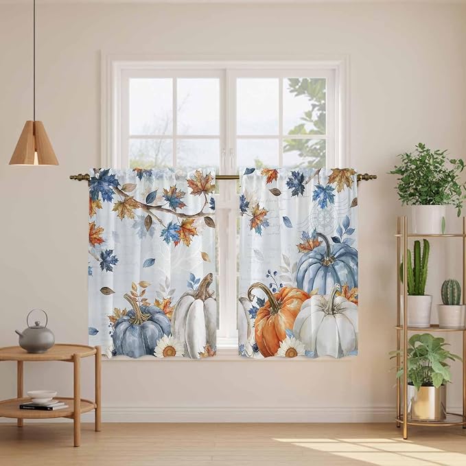 Fall Blue Maple Kitchen Curtains 54 Inch Long 2 Panel Set, Rod Pocket Window