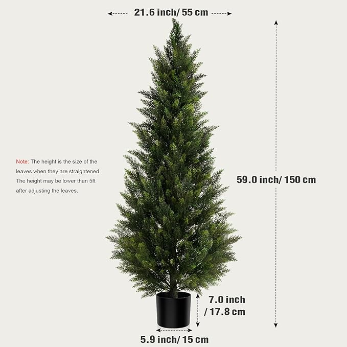 Outdoor Artificial Cedar Topiary Tree, Faux Evergreen Shrubs for Front Porch Decor, Lifelike Fake Bushes Plants for Home Living Room Front Door Decor (2, 5ft)