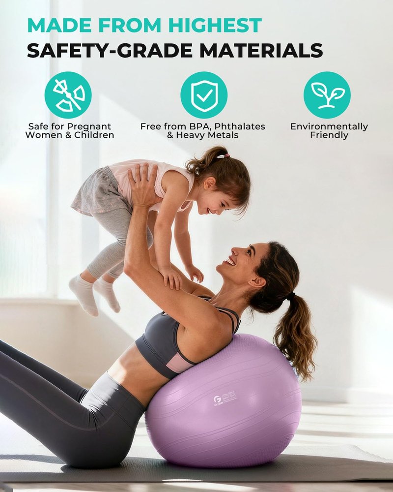 Gruper Yoga Ball, Extra Thick Exercise Ball for Workout Pregnancy Stability - 4 Sizes Anti Burst Balance Ball for Yoga, Pilates, Fitness, Birthing, Physical Therapy - Includes Pump